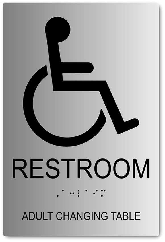 Restroom Sign with Adult Changing Table Text in Brushed Aluminum