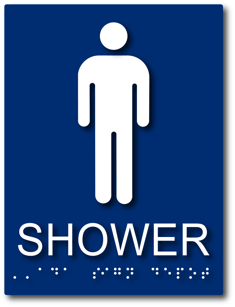 Men Only Bathroom Door Sign with Male Gender Symbol and Text White on Blue