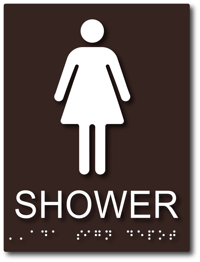 Women Shower ADA Sign with Female Symbol, Tactile Letters and Braille White  on Dark Brown