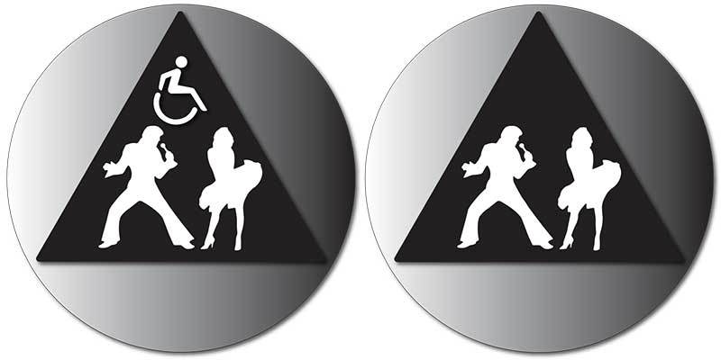 Elvis and Marilyn Unisex Restroom Door Signs in Brushed Aluminum